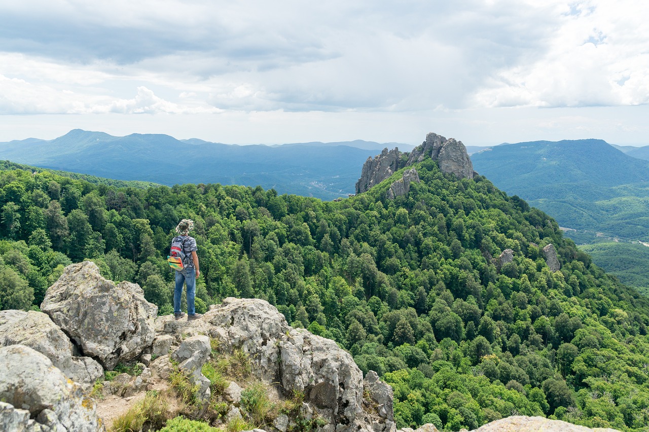 Persona sobre una roca que mira el paisatge de muntanya